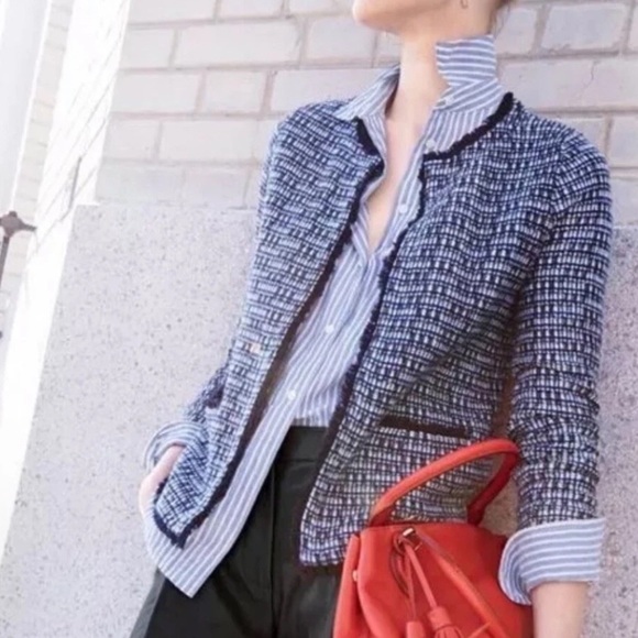 J. Crew Metallic Navy & White Tweed Stretch Wool Blend Hook Closure Blazer Sz XS